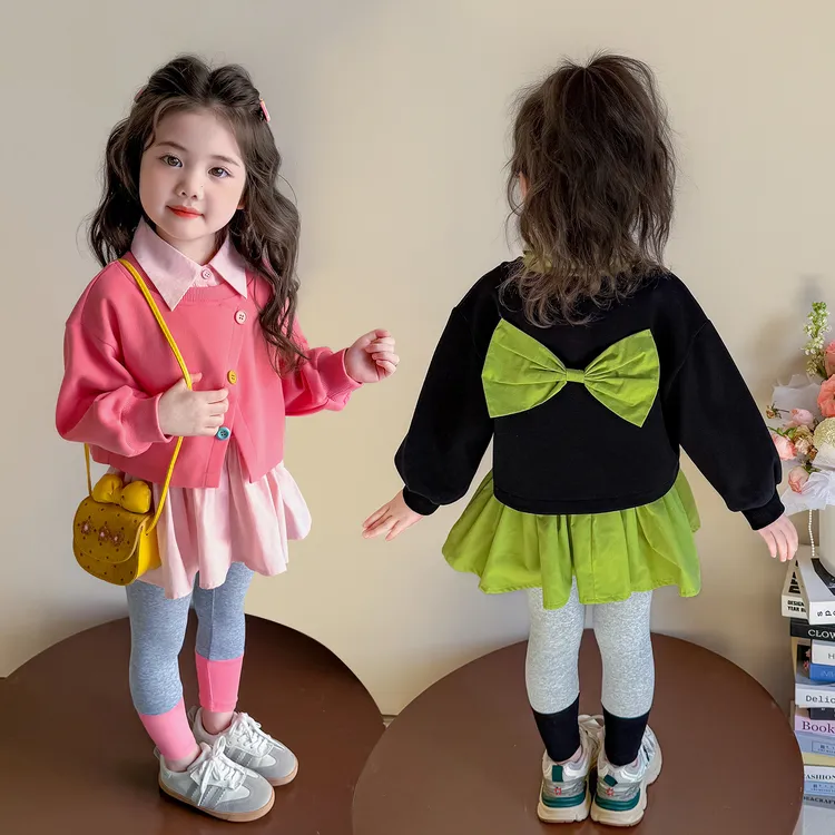 儿童秋季套装女宝2025新款春秋款女童卫衣打底裤韩版花边洋气衬衫