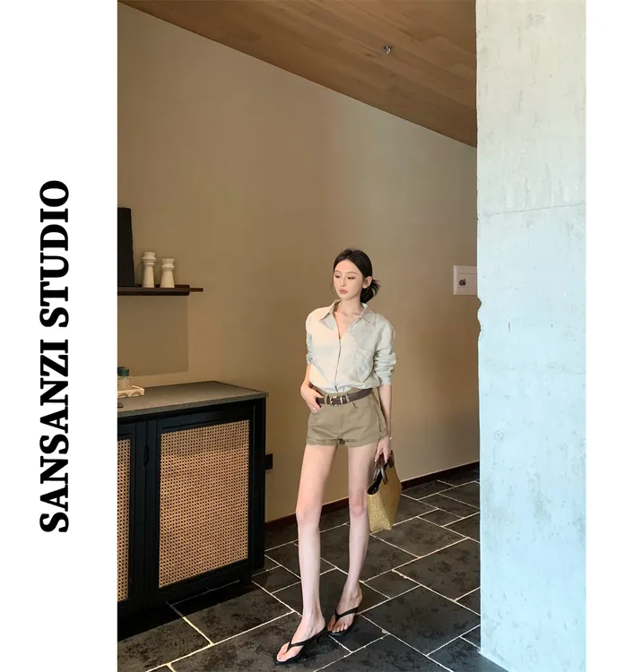 SANSANZI时尚套装宽松百搭长袖衬衫女夏季高腰显瘦休闲短裤两件套