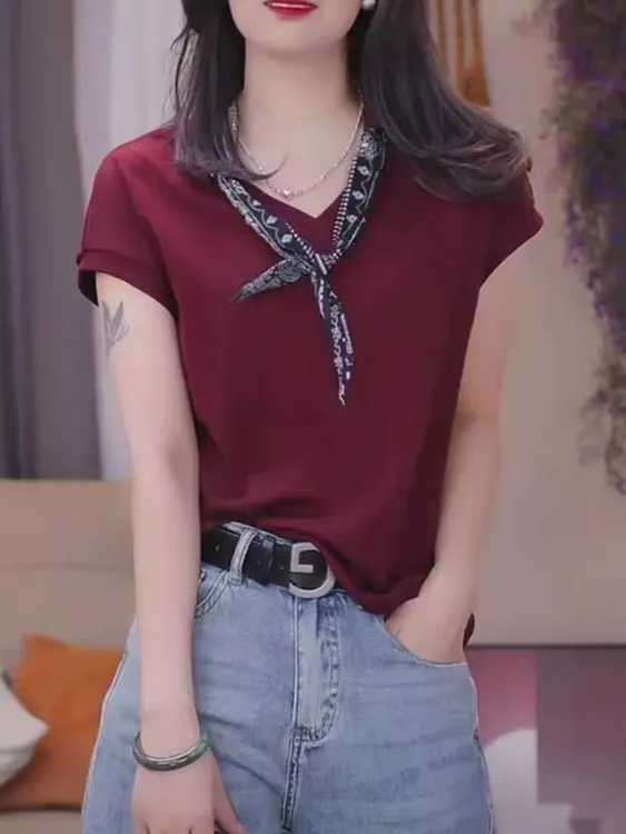 2025夏季宽松洋气短袖常规款V领无袖透气风T恤时尚气质英伦风9005