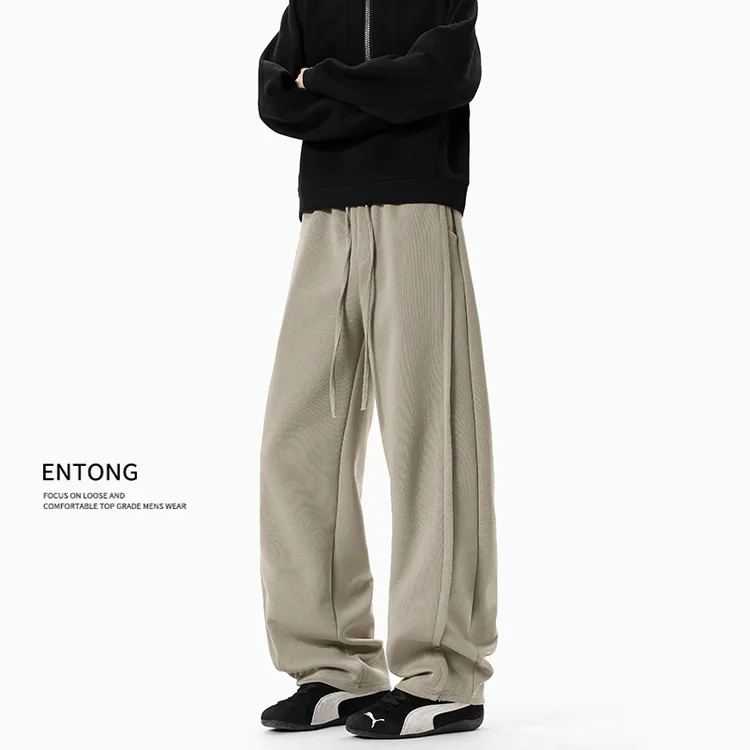 Entong美式解构拼接运动卫裤男直筒阔腿休闲裤抽绳宽松垂感弯刀裤