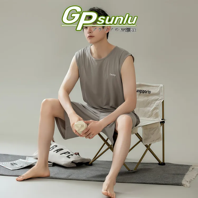 gpsunlu莫代尔睡衣男士夏季背心无袖薄款夏天冰丝男款家居服套装