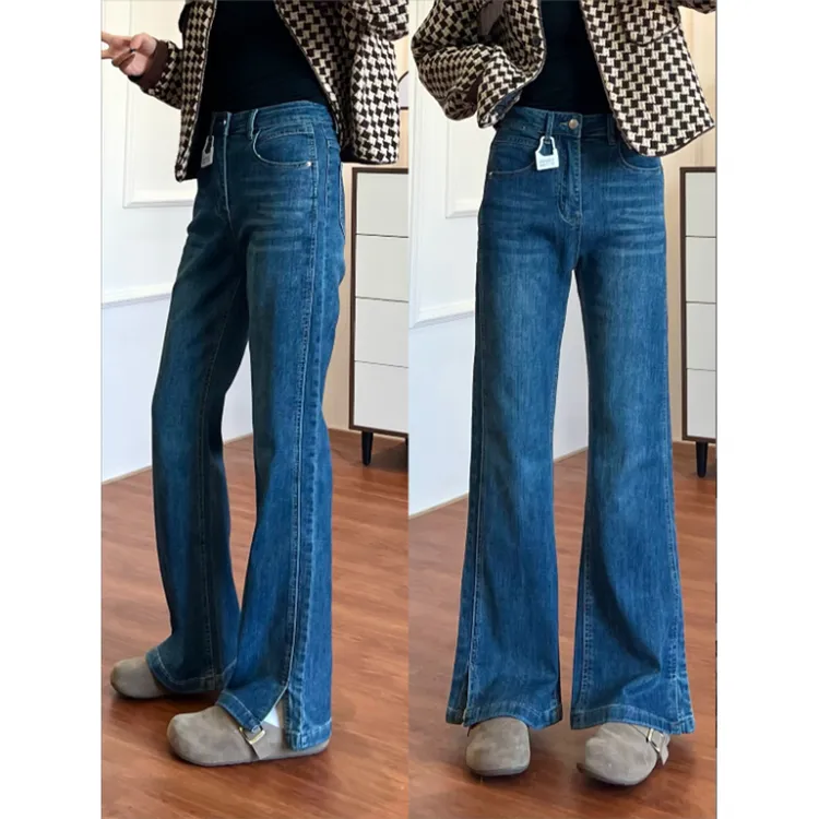 开叉设计感高腰微喇牛仔裤女秋冬新品胖mm显瘦弹力喇叭拖地裤子