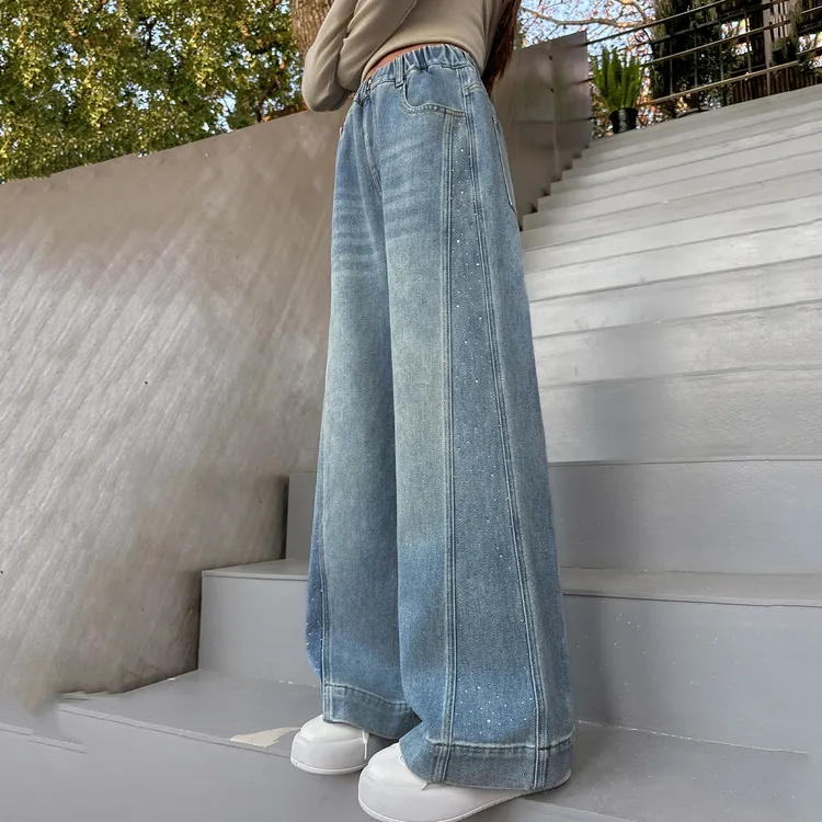 女童侧缝拼接烫钻牛仔裤冬季加绒裤中大童洋气显瘦窄版直筒阔腿裤