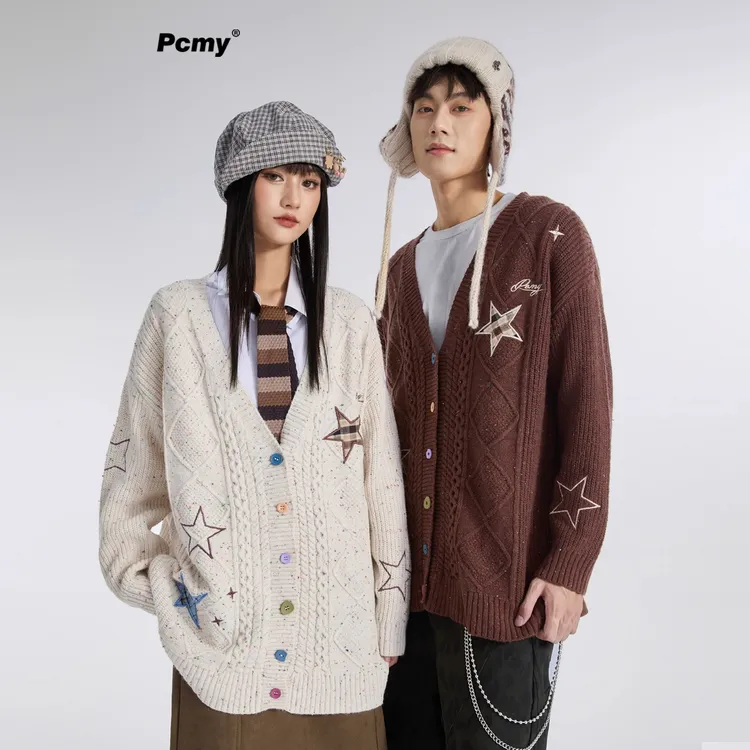 PCMY潮牌星星刺绣针织开衫男女同款宽松百搭情侣装提花毛衣外套