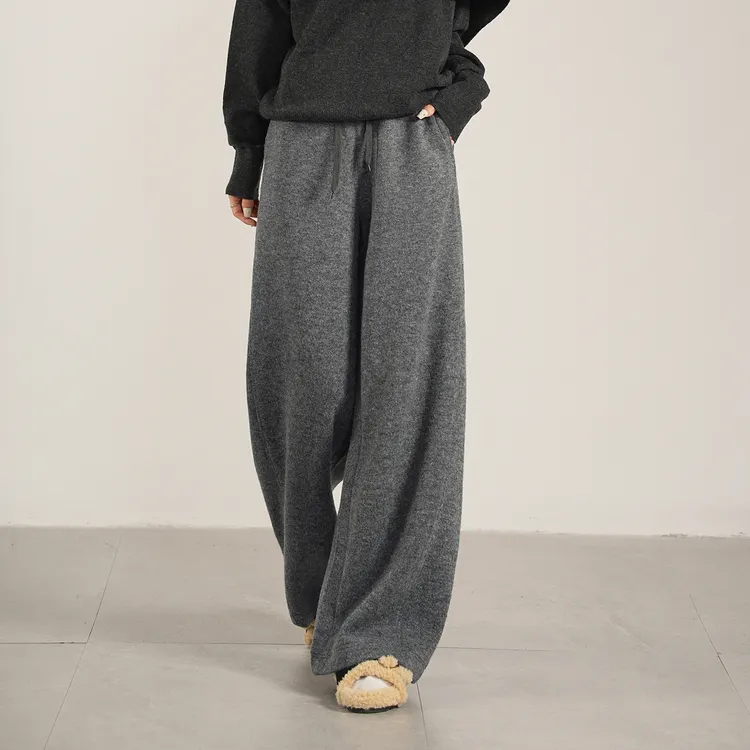 凌丹娜灰色暖绒垂感羊毛卫裤女冬新款加厚保暖休闲裤直筒裤85659