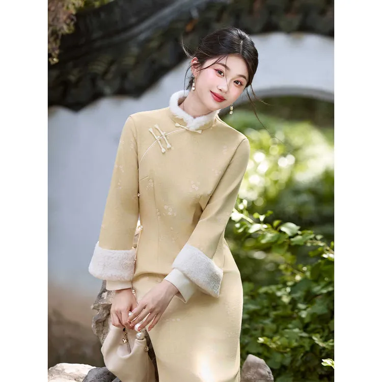 运补6   苏城日记黄色改良旗袍冬季加绒加厚新中式女年轻款高级感