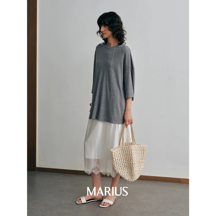 MARIUS| "冰透裙"琉璃缎双层真两件拼接蕾丝精致时尚透感半身裙