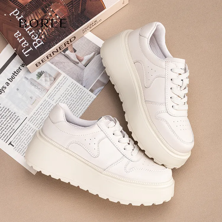 Boree/宝人真皮小白鞋2025秋季新款增高厚底女小众休闲鞋女鞋