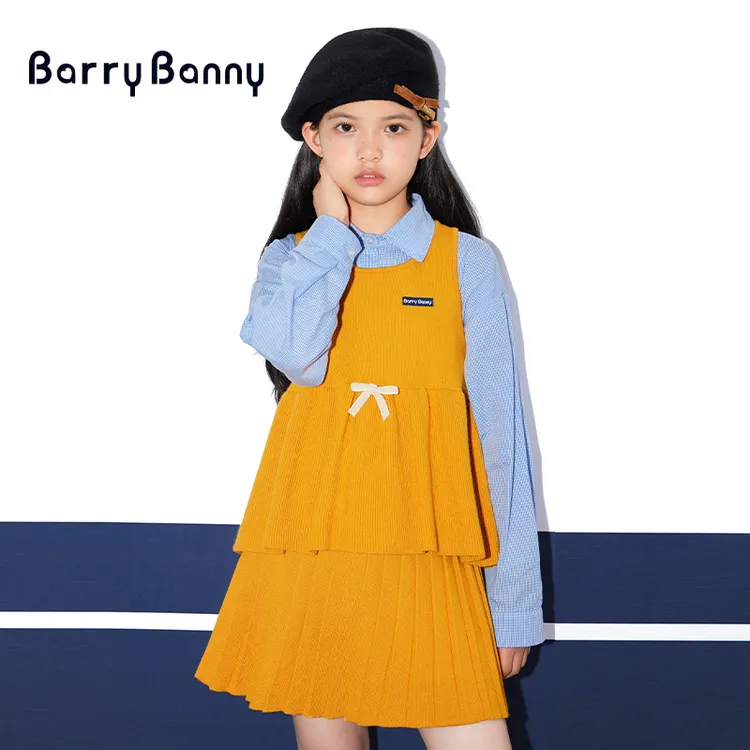BarryBanny女童新款套装针织背心百褶裙套装秋季蝴蝶结千金风宽松