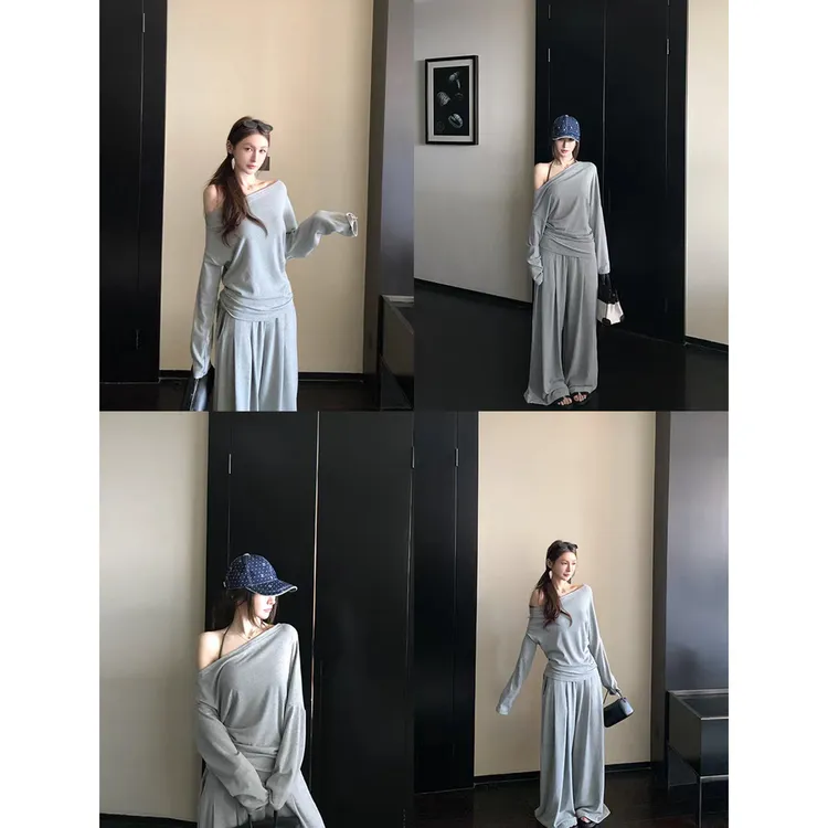 【小如专属】专属纯欲高弹斜肩长袖T恤+阔腿休闲裤套装C 9046#