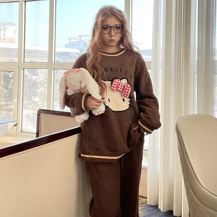 韩版女大码咖色冬季卡通猫咪半边绒睡衣加厚毛绒针织家居服套装