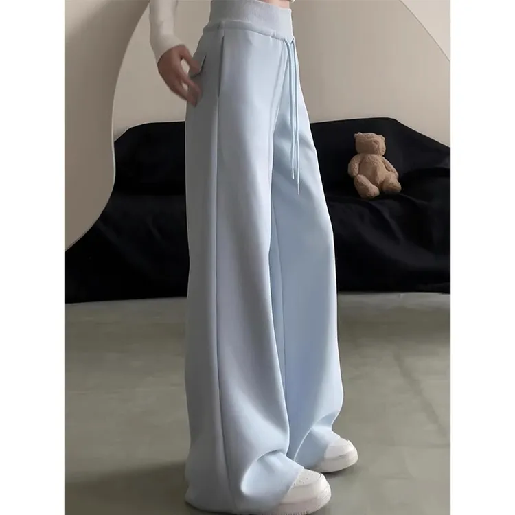 蓝色美式运动裤女春秋2025新款高腰垂感休闲直筒lulu同款阔腿卫裤