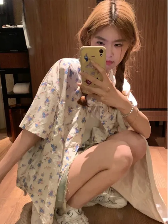 复古碎花短袖衬衫外套女夏日穿搭宽松设计感小众百搭休闲衬衣上衣