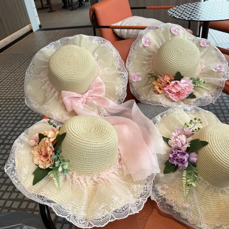 原创粉色系森系田园甜美洛丽塔日系蕾丝蝴蝶结大檐草帽夏季防晒百