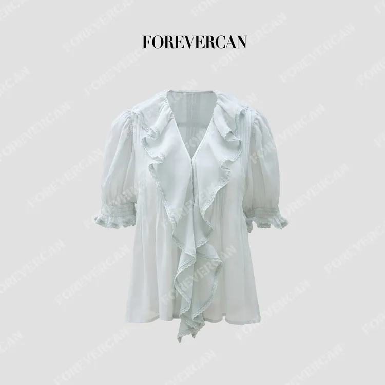 FOREVERCAN“莎士比亚”浅蓝双层花边宽松微透衬衫ST24769B