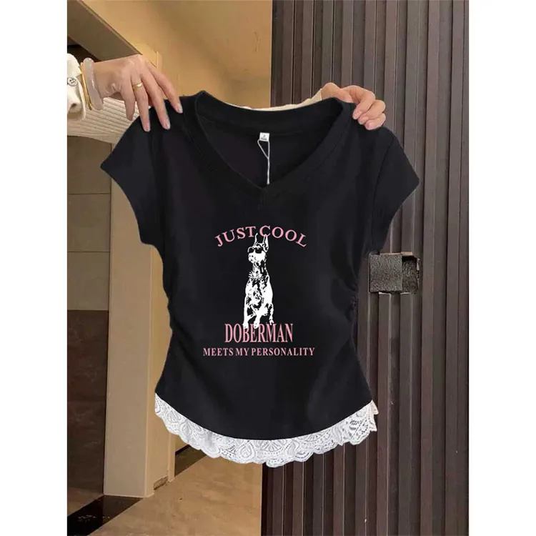 韩版V领蕾丝拼接短袖t恤女2025夏季新款修身显瘦独特性感小上衣潮