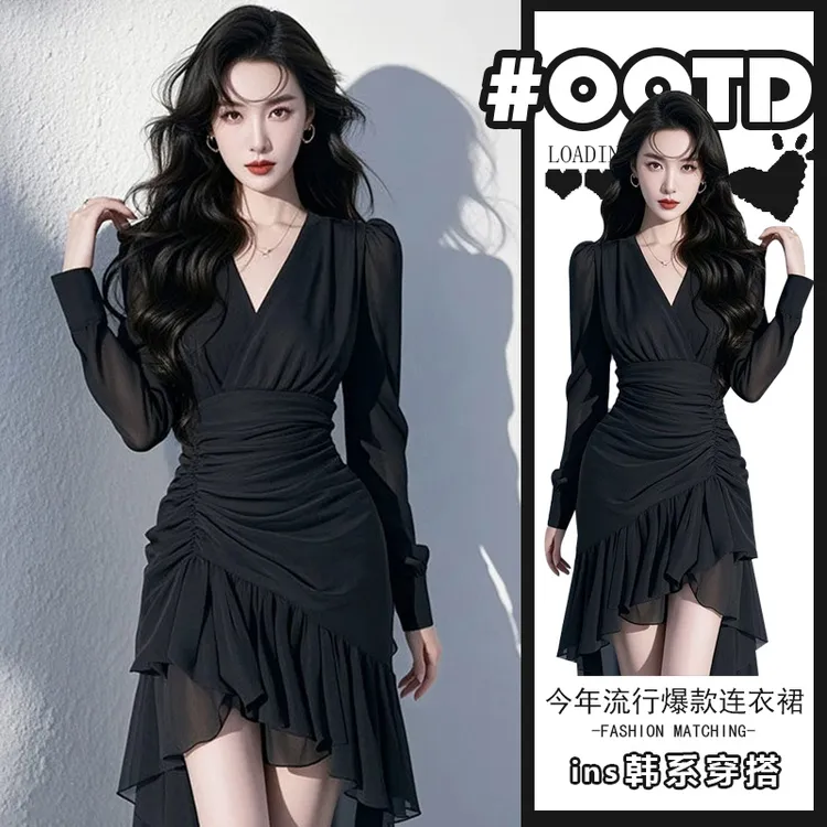 2025新款桔梗法式连衣裙高级感别致小众辣妹修身显瘦不规则小黑裙