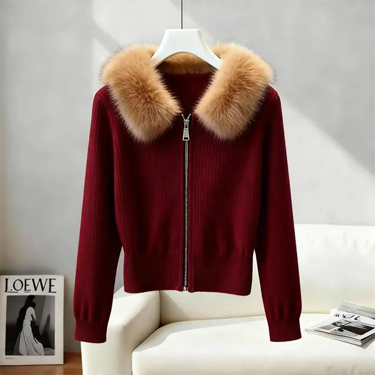 韩系高级感毛领软糯针织开衫秋冬季大码胖MM宽松百搭显瘦外穿毛衣