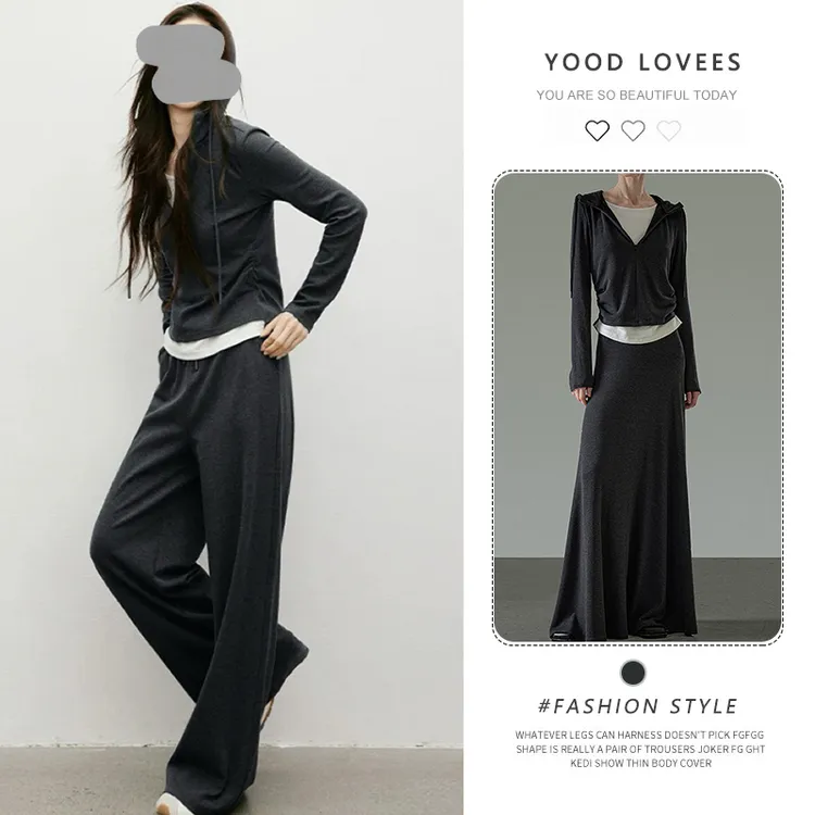 2025春秋新款气质假两件显瘦修身撞色连帽上衣直筒裤半身裙套装女