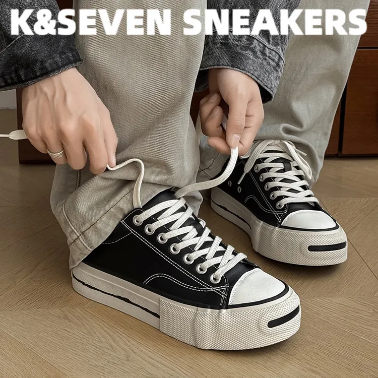 日系开口笑男鞋子潮鞋小众黑色休闲复古百搭厚底运动大头板鞋男款