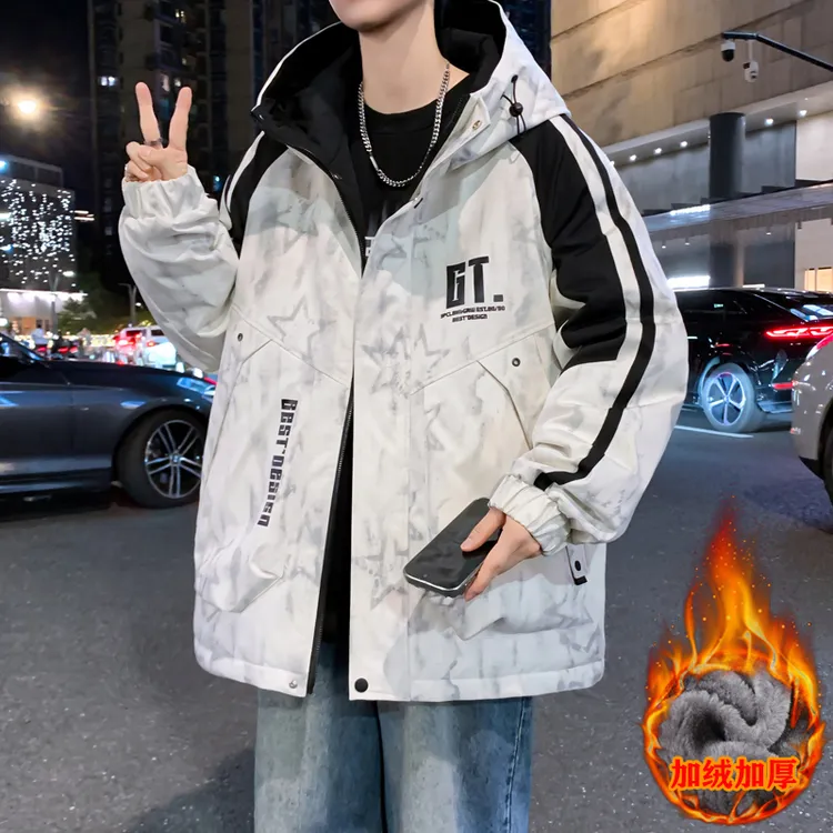 2025秋冬加绒加厚外套男青少年学生休闲百搭潮流宽松连帽帅气夹克