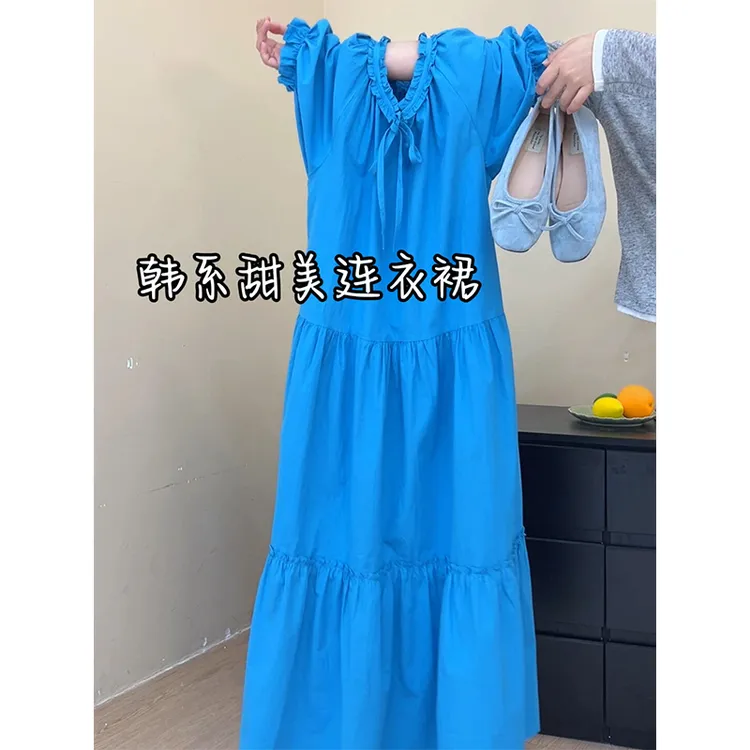 2025夏季新款韩系减龄蓝色泡泡袖衬衫连衣裙女高级感超好看中长裙