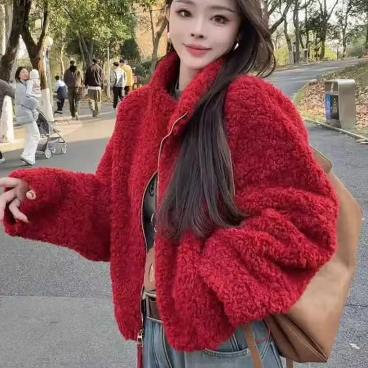 韩版时尚立领短款毛毛外套女2025冬季新款宽松显瘦加厚保暖上衣潮