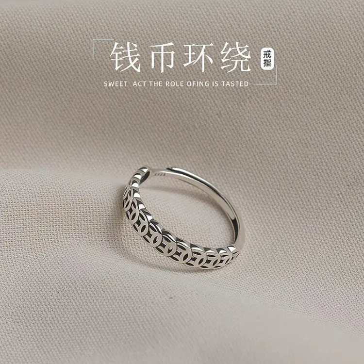 铜合金戒指 新中式复古钱币情侣戒指男女轻奢小众设计高级感简约