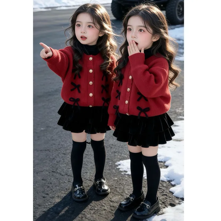 韩版冬装女童毛衣套装洋气红色蝴蝶结针织开衫儿童姐妹圣诞新年服