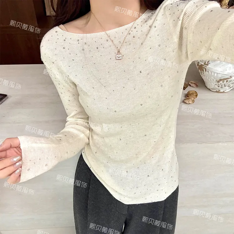 熙贝薇【烫钻一字领】重工绵羊毛休闲设计感套头长袖针织衫 G5703