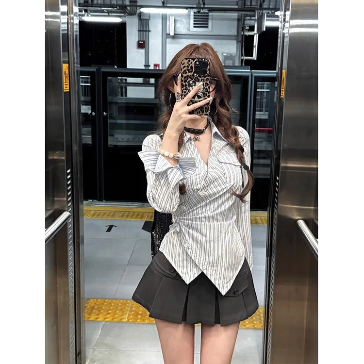 蓝色条纹烫钻长袖v领衬衫女学院风掐腰衬衣