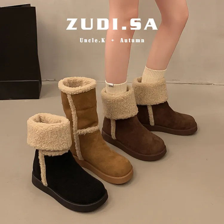 翻筒雪地靴女冬季新款洋气两穿防滑保暖中筒短靴加绒东北大棉鞋子
