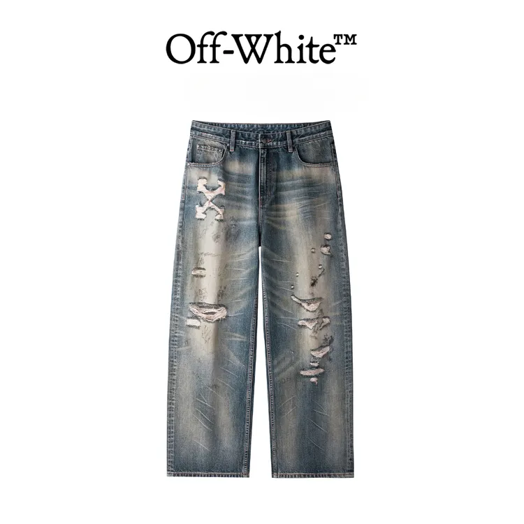 OFF-WHITESS26 美式水洗做旧箭头重工破洞潮牛仔裤 男女同款商品图