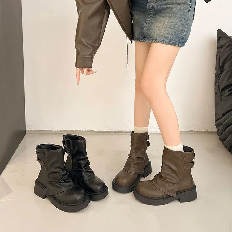厚底马丁靴女2025秋冬新款褶皱复古美拉德皮带扣百搭显瘦短筒短靴