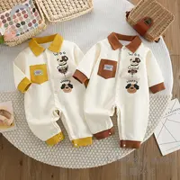 新款春秋款三个俏皮狗单兜翻领双层男女宝婴幼长袖连体衣爬爬服