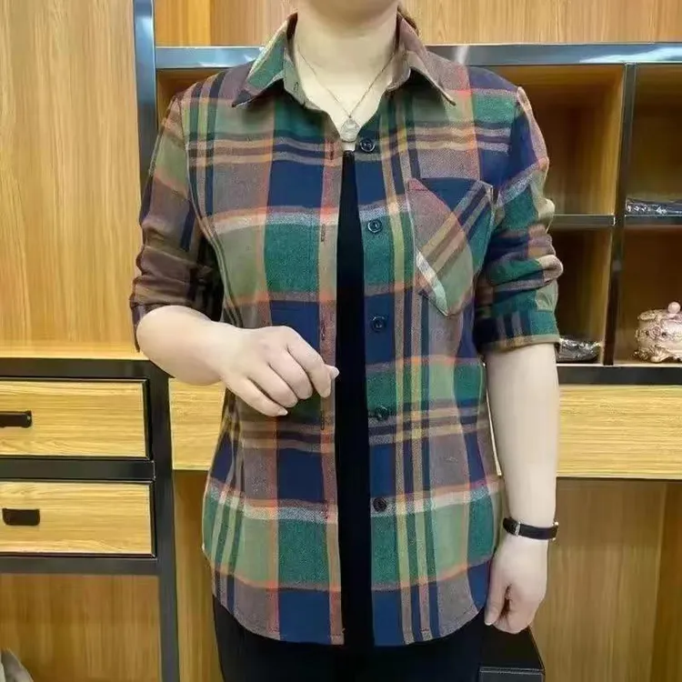 秋季格子衬衫防晒多扣方领长袖衬衫修身韩版显瘦春秋女士格子