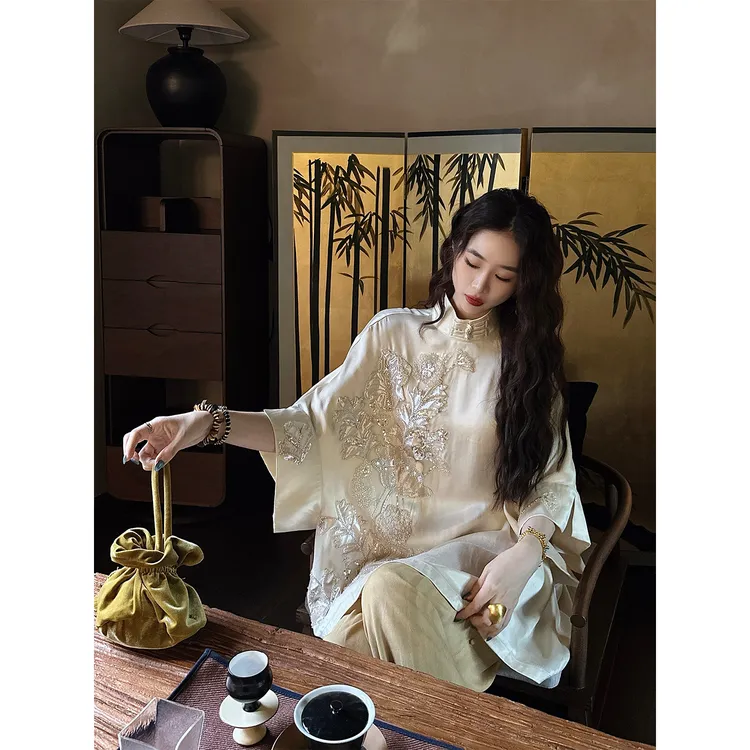 三吉黑花【莲生】新中式国风上衣珠管绣中袖T恤女2025新款大袍子