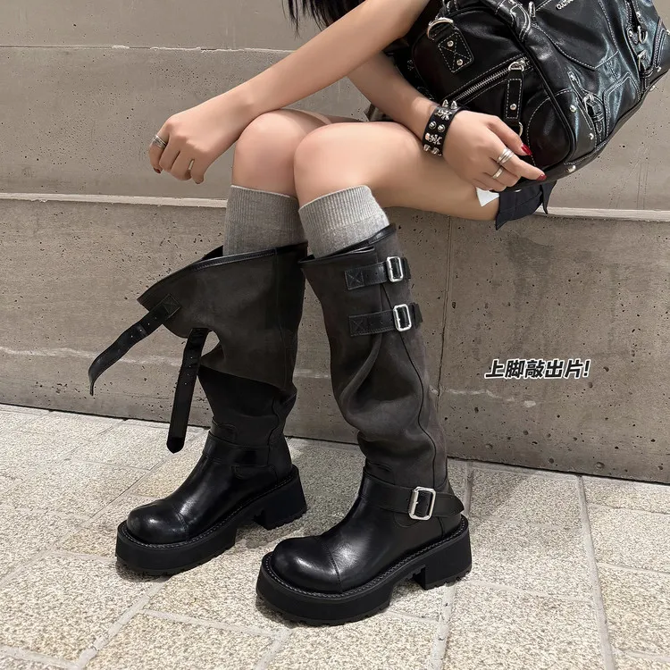 辣妹风厚底长筒靴2025秋冬季新款真皮高筒女靴子长靴瘦瘦靴骑士靴