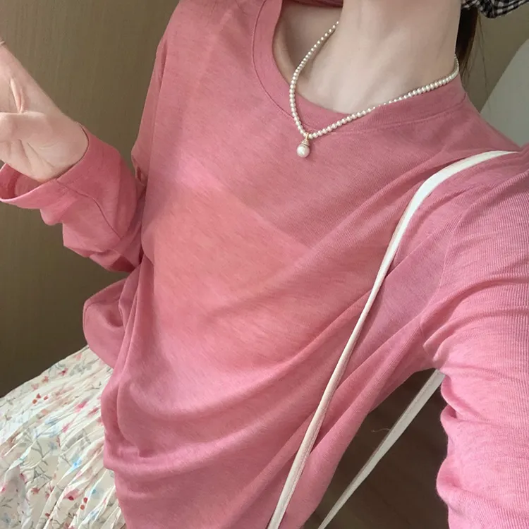 纯色基础款冰丝面膜衣2026夏季新款韩版圆领百搭宽松显瘦上衣薄款