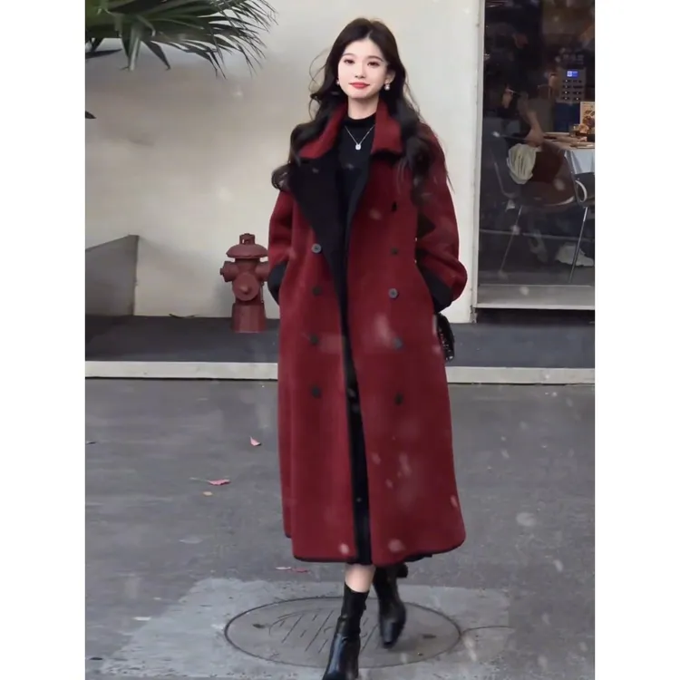 【万达撤柜】今年流行高级感法式覆古红色大衣秋冬新款中长款加厚毛