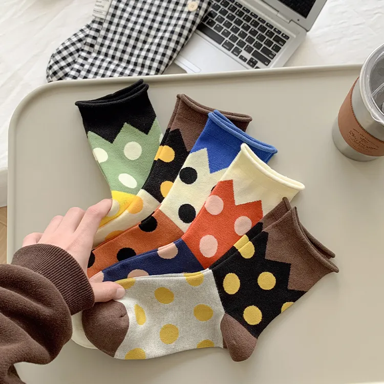 学生无骨袜子女秋冬新款中筒袜彩色波点潮袜拼色堆堆袜松口卷边袜