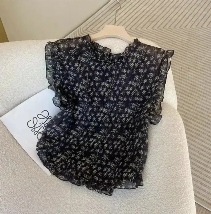 季念【赠送抹胸】韩版甜美清新设计感碎花木耳边飞飞袖衬衫女夏新款