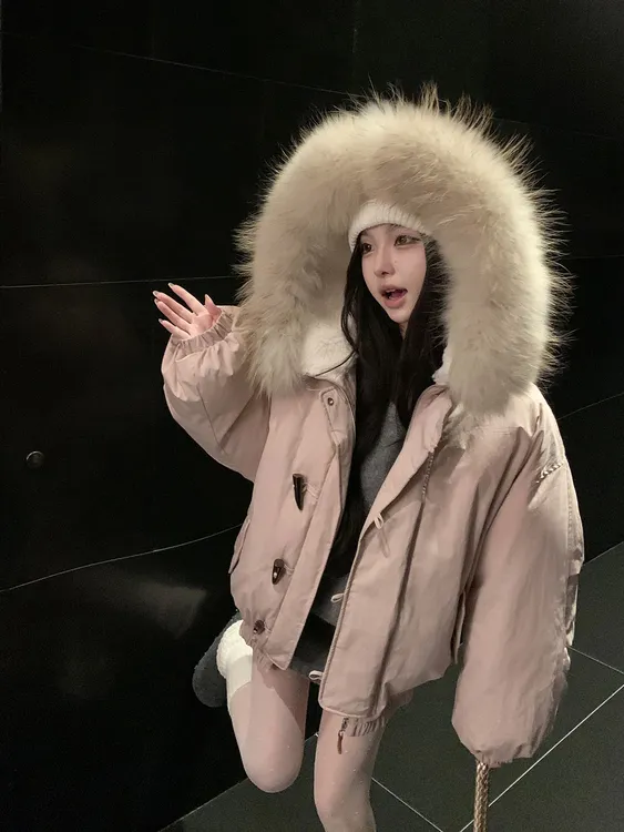 番茄妹妹Tomatosister毛领棉服女冬季加厚保暖牛角扣连帽外套