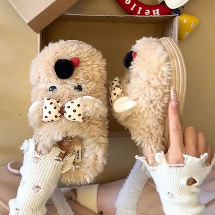 2025秋冬新款厚底百搭休闲包头拖鞋女外穿可爱蝴蝶结小狗毛毛拖鞋