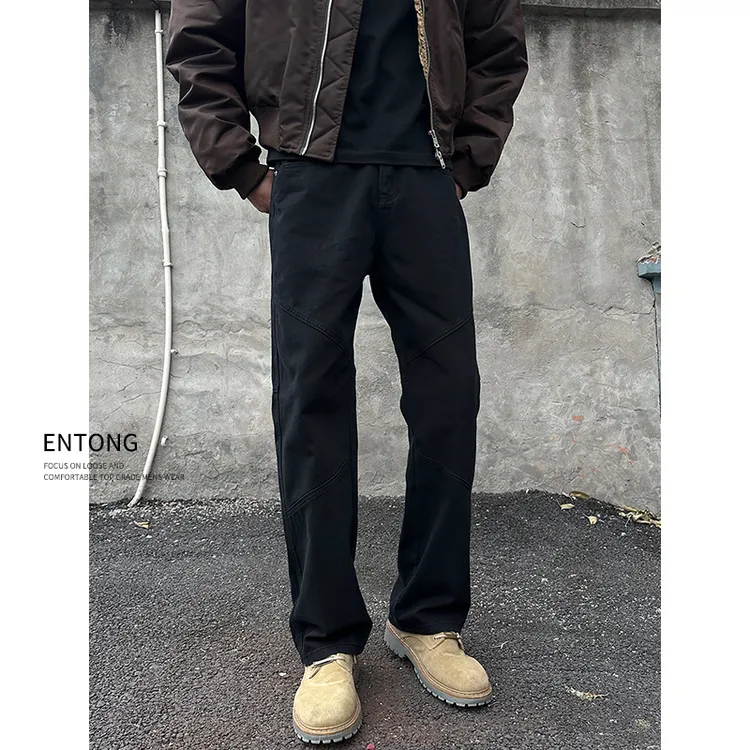 Entong美式高街vibe黑色立裁男士牛仔裤街头痞帅宽松直筒显瘦长裤