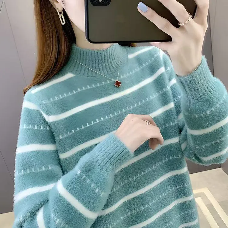 防水貂绒条纹针织毛针织衫简约减龄针织衫网红百搭时尚秋冬毛衣女