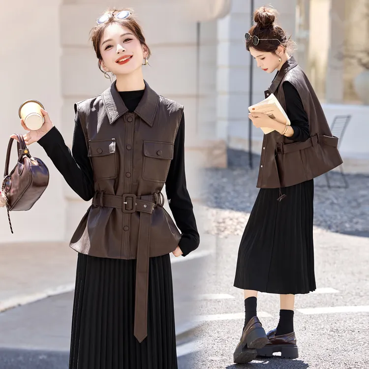 时尚气质网纱拼接套装裙女2025秋季新款无袖皮衣马甲连衣裙两件套