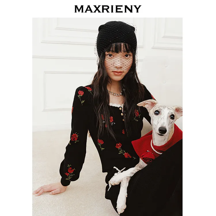 【古力娜扎同款】MAXRIENY玫瑰绣花花边针织衫上衣女复古印花长袖
