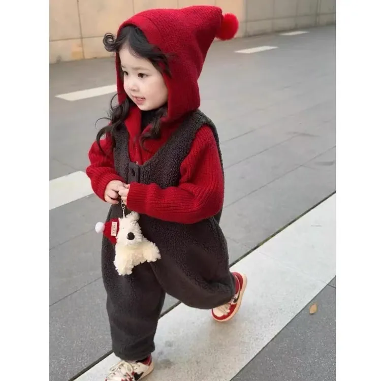 YeeHoO/英氏【断码】国童装秋冬宝宝精灵帽毛衣圣诞红色针织衫