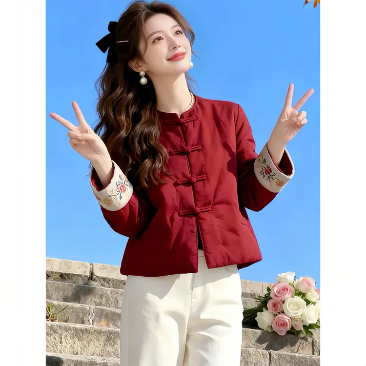 新中式国风盘扣棉服女2026复古风立领新款复古刺绣袖口外套